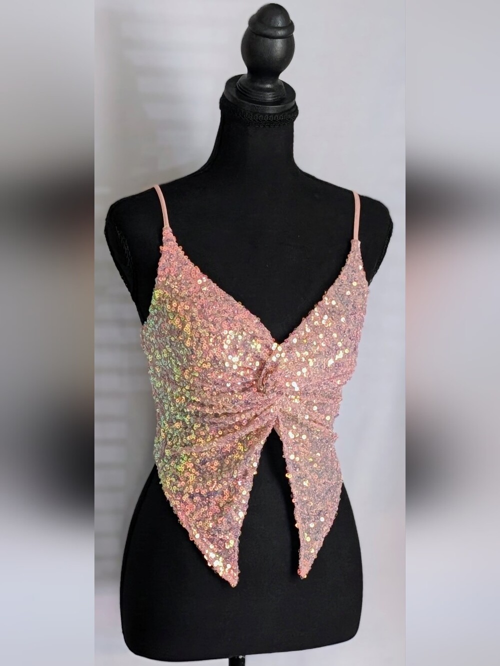 Silence + Noise Pink Iridescent Sequin Twist Front Crop Top Small